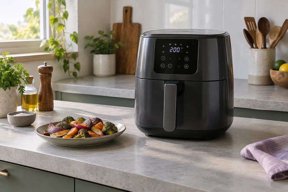 Air fryer ilustrativa com painel digital sobre bancada, ao lado de legumes preparados.