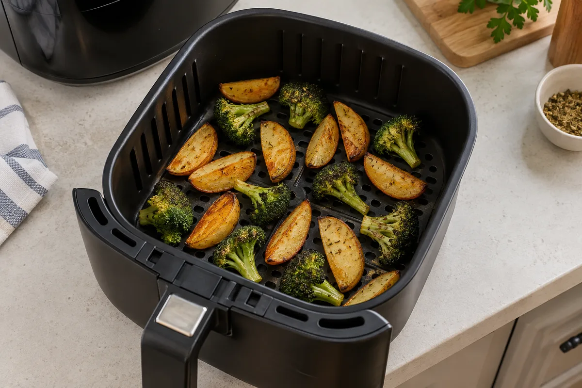 Gaveta ilustrativa de air fryer com batatas e brócolis distribuídos sobre a grade.
