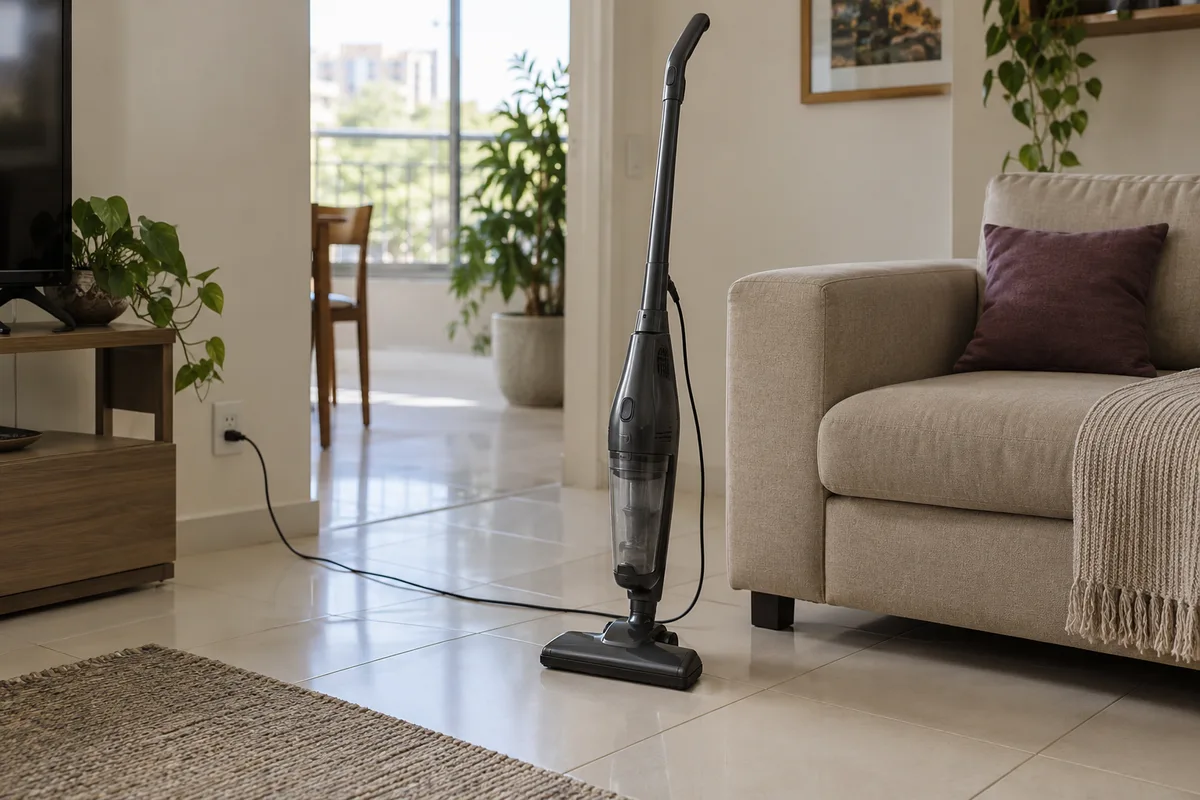 Aspirador vertical com fio ao lado de um sofá, em sala iluminada naturalmente