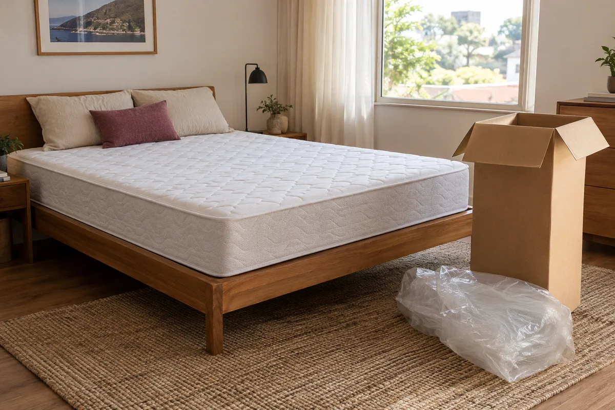 Colchão branco sobre cama de madeira, ao lado da caixa de entrega, em quarto iluminado