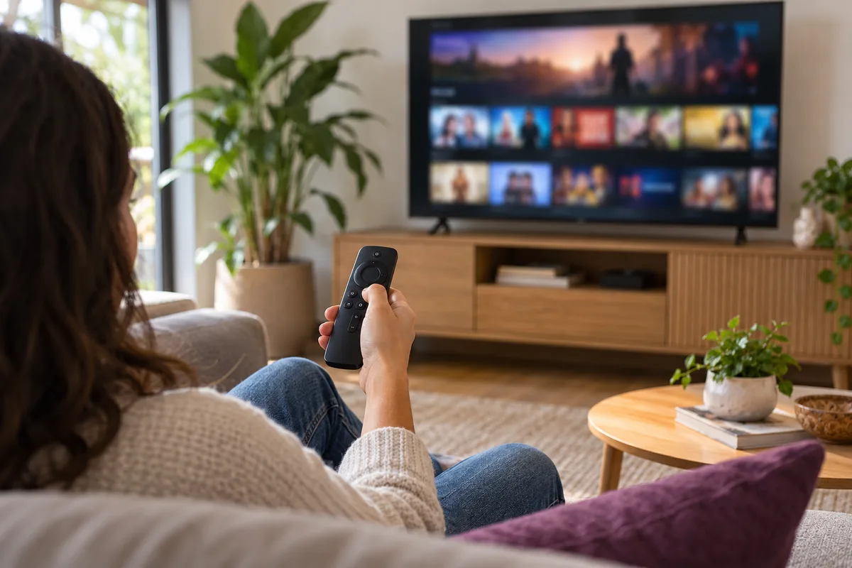 Pessoa usando controle de streaming em uma sala com televisão ao fundo