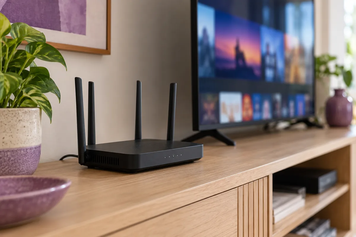 Roteador em local aberto sobre móvel, próximo de uma televisão