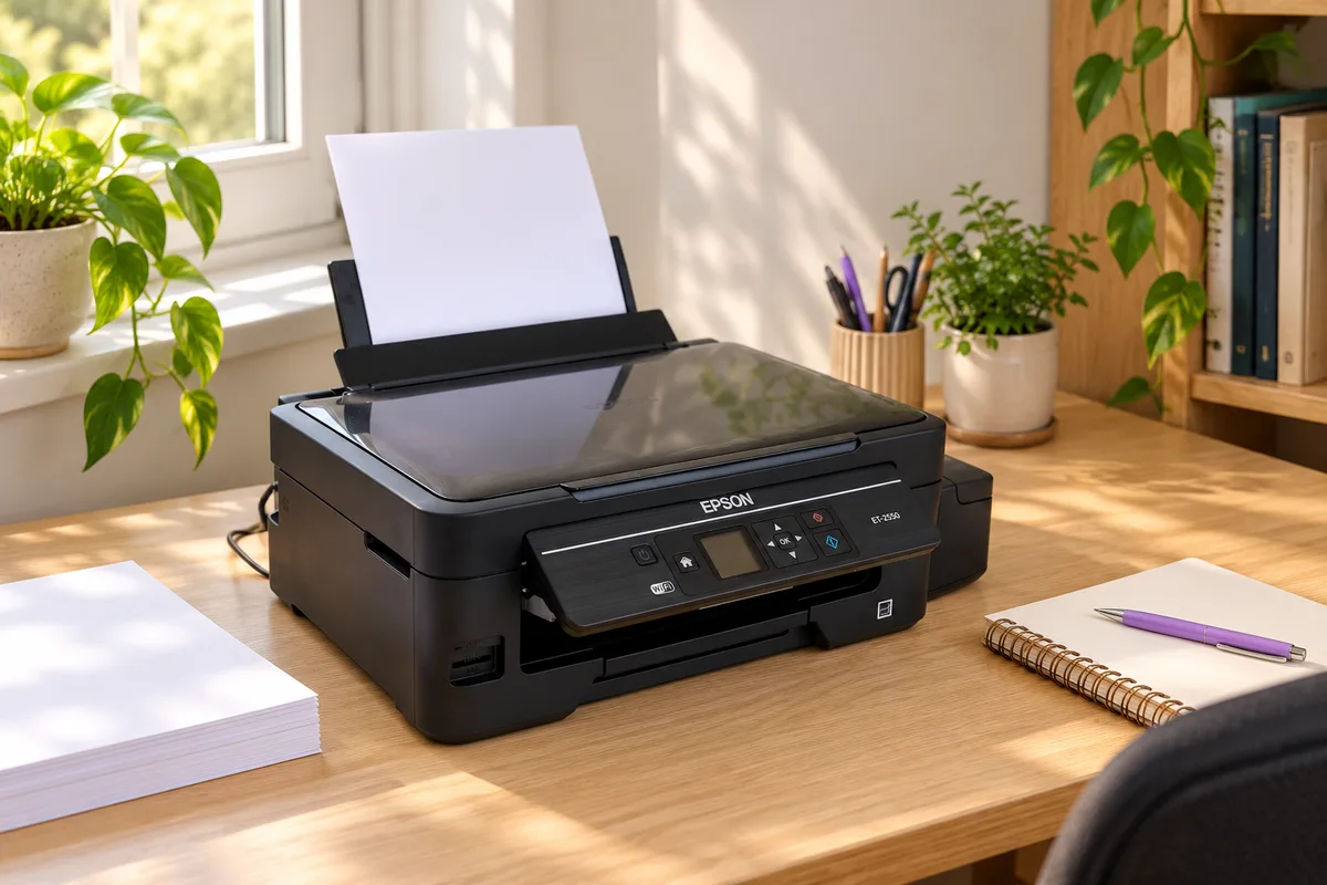 Composição ilustrativa de uma impressora Epson ET-2550 em uma mesa de trabalho com papel e caderno