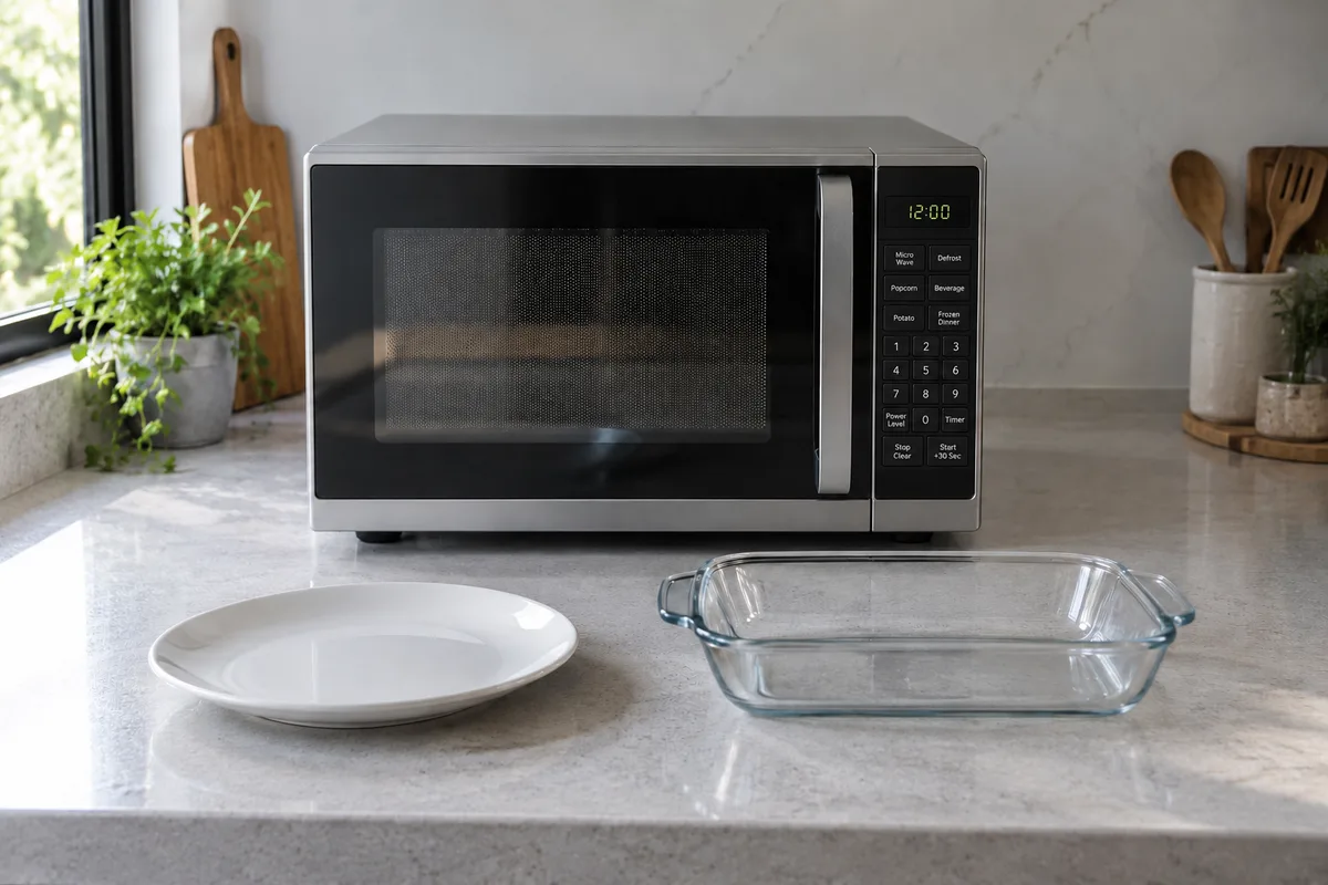 Micro-ondas com painel digital em bancada de cozinha, ao lado de um prato e uma travessa de vidro.
