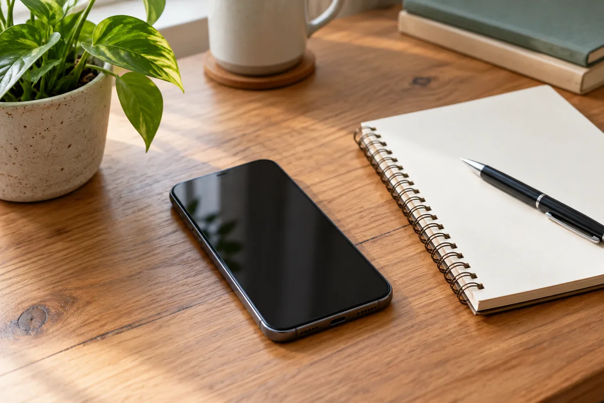 Celular genérico em mesa com caderno para planejar uma compra