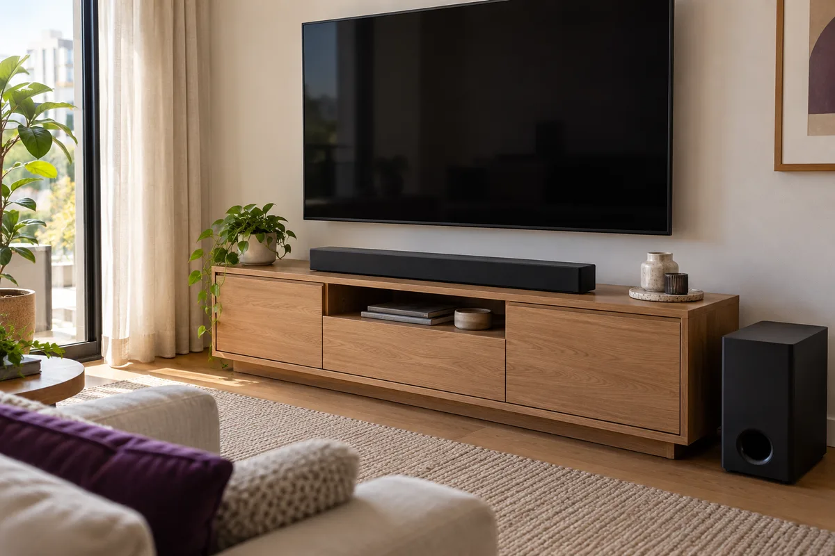 Soundbar e subwoofer genéricos em sala com televisão e móvel de madeira
