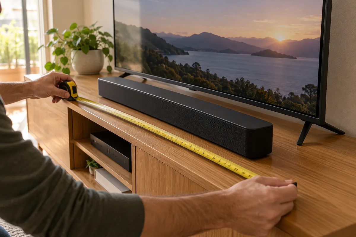 Pessoa verificando o espaço disponível no móvel com uma trena ao lado de uma soundbar