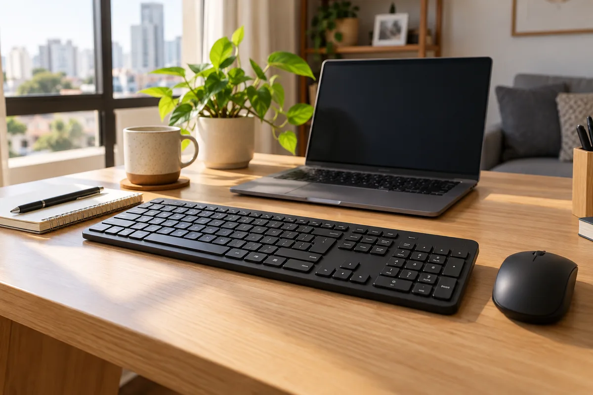 Mesa doméstica com teclado e mouse genéricos sem fio
