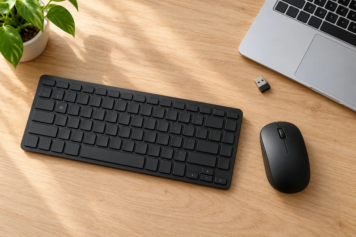 Teclado e mouse genéricos ao lado de notebook e receptor USB
