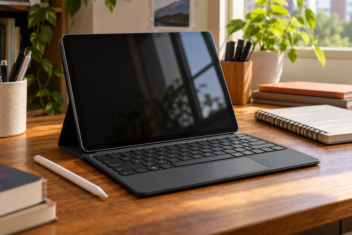 Tablet genérico com capa teclado e caneta em mesa de estudo