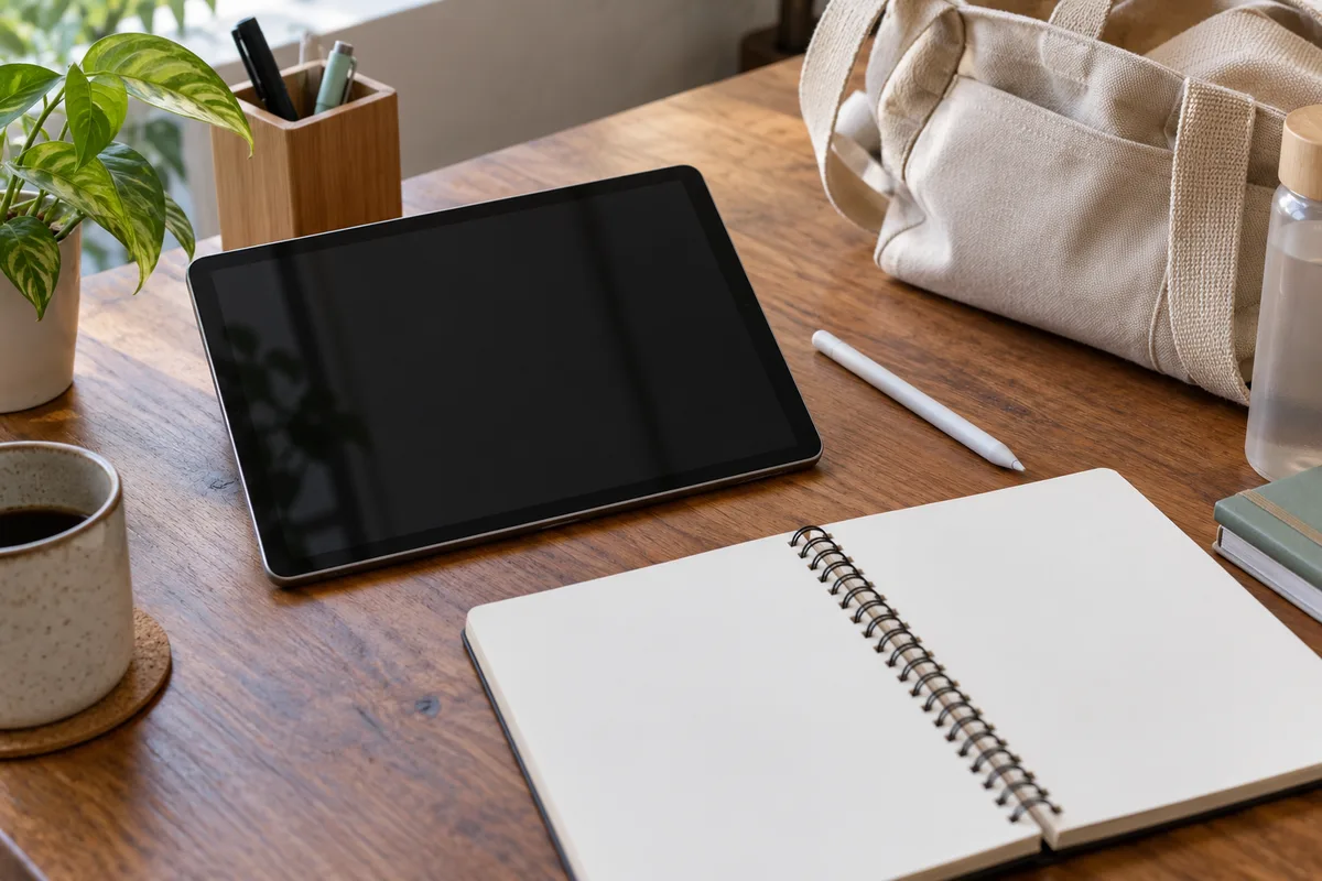 Tablet genérico e caneta ao lado de caderno e bolsa