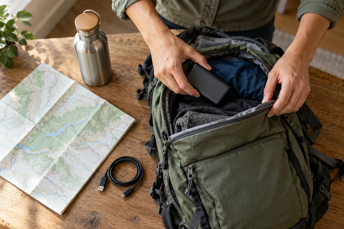 Preparação de mochila com mapa, garrafa e carregador portátil