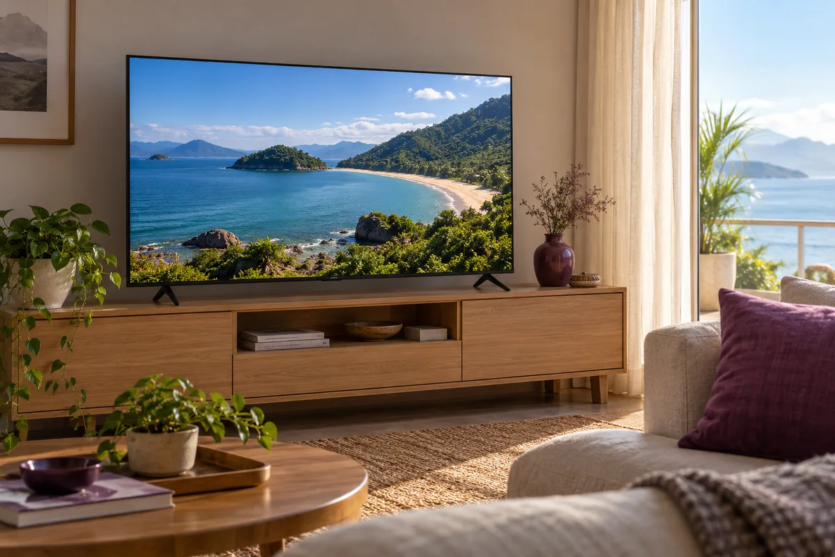 Sala com televisão sobre rack de madeira e detalhes discretos em roxo