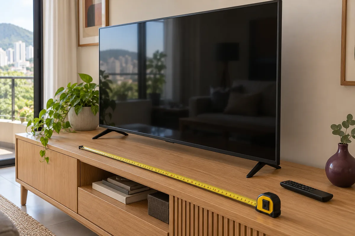 Televisão sobre móvel de madeira com fita métrica na borda e controle remoto