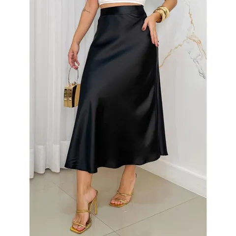 Saia Midi De Cetim Feminina Casual De Cintura Alta