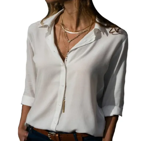 Camisa Feminina Blusa Social Camisete Manga Longa Lisa Cores Casual Viscolinho Premium Decote Em V De Botão