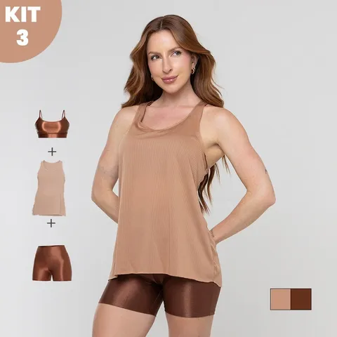 Kit 3 Peças Fitness Feminino - Short Canelado Trilobal + Top Canelado Trilobal + Regata Dry