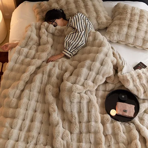 Cobertor De Pele De Luxo Com Inverno Espesso E Aconchegante Coelho Lança Sofá Cobertura De Cama Colcha
