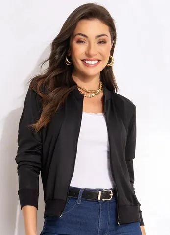 Moda Pop - Jaqueta Bomber Preto com Zíper