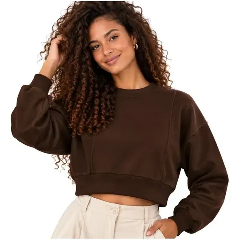 Blusa Cropped Feminina Manga Longa Moletinho Casaco Moletom M Marrom-escuro Lisa, Blusa Feminina Casual