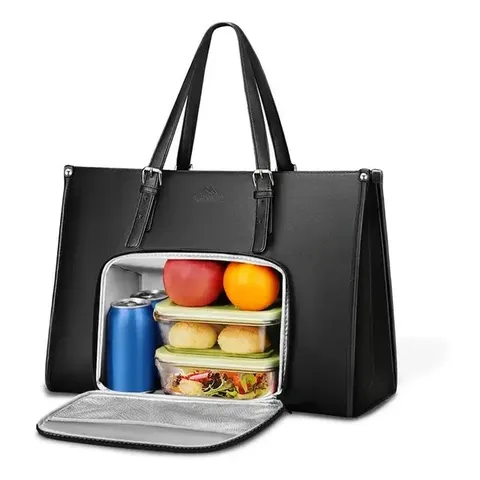 Bolsa Feminina Para Notebook Com Compartimento Térmico Para Almoço Bolsa Tote Executiva Pu Couro 15,6 Polegadas Mochila Conversível Leve Para Trabalho E Escritório, Matein 1447 Cor Preto Liso
