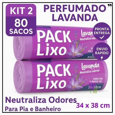 Sacos de Lixo Perfumados Lavanda | Kit 2 com 80 Sacos | Para Pia e Banheiro | 34x38cm