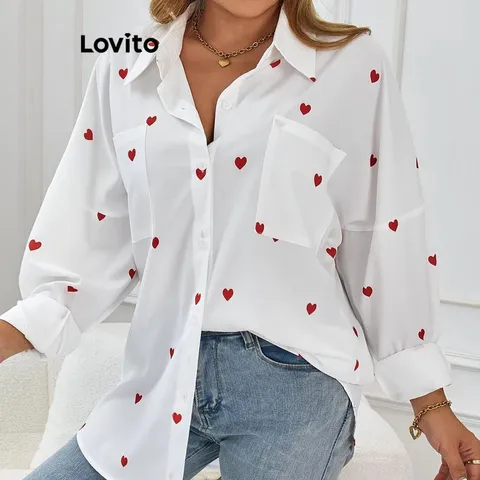 Lovito Blusa Casual Com Estampa Em Formato De Coração Para Mulheres LNL72073