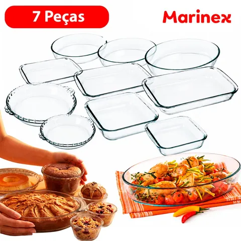 Conjunto Marinex Jogo de Travessas 7 peças Variadas em Vidro Temperado próprias P/ Forno