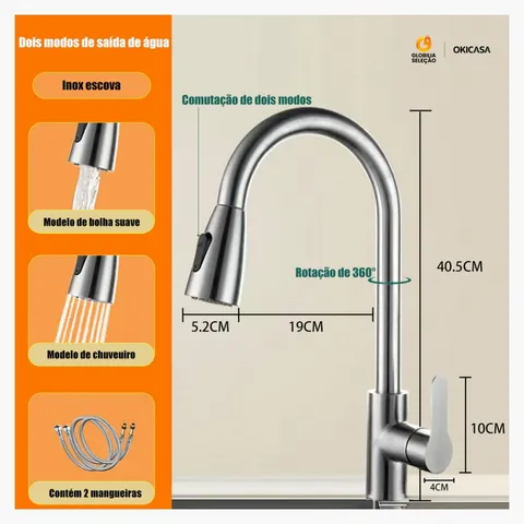 Torneira Gourmet de Cozinha Misturador Monocomando Com Extensor Articulável e Flexível Aço Inox
