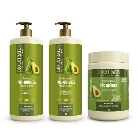 Kit Pós Química Shampoo Condicionador e Banho de Creme Bio Extratus 1L Tratamento Restaurador