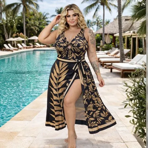 Conjunto Body  Maiô Engana Mamãe com Pareô Saída de Banho Canga de Praia Plus Size Moda