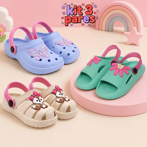Kit 3 Pares Sandália Papete Infantil Menina Confortável