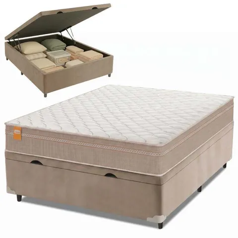 Cama Box Baú Casal Colchão Molas Qatar 138x188x63cm Bege/Branco Inducol - Suporta Até 200 Kg Por Pessoa
