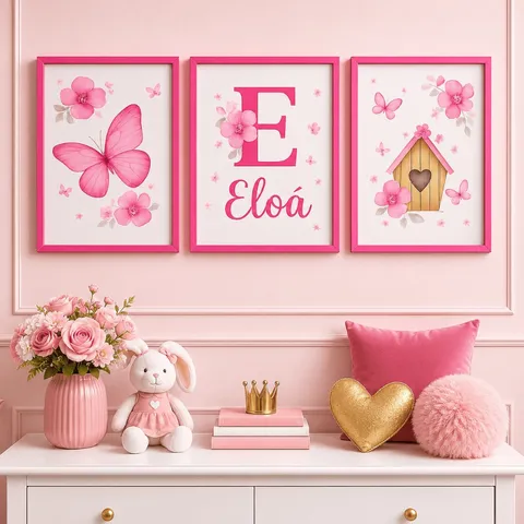 Quadro decorativo 3 peças Borboletinha Pink personalizado com nome quarto de menina