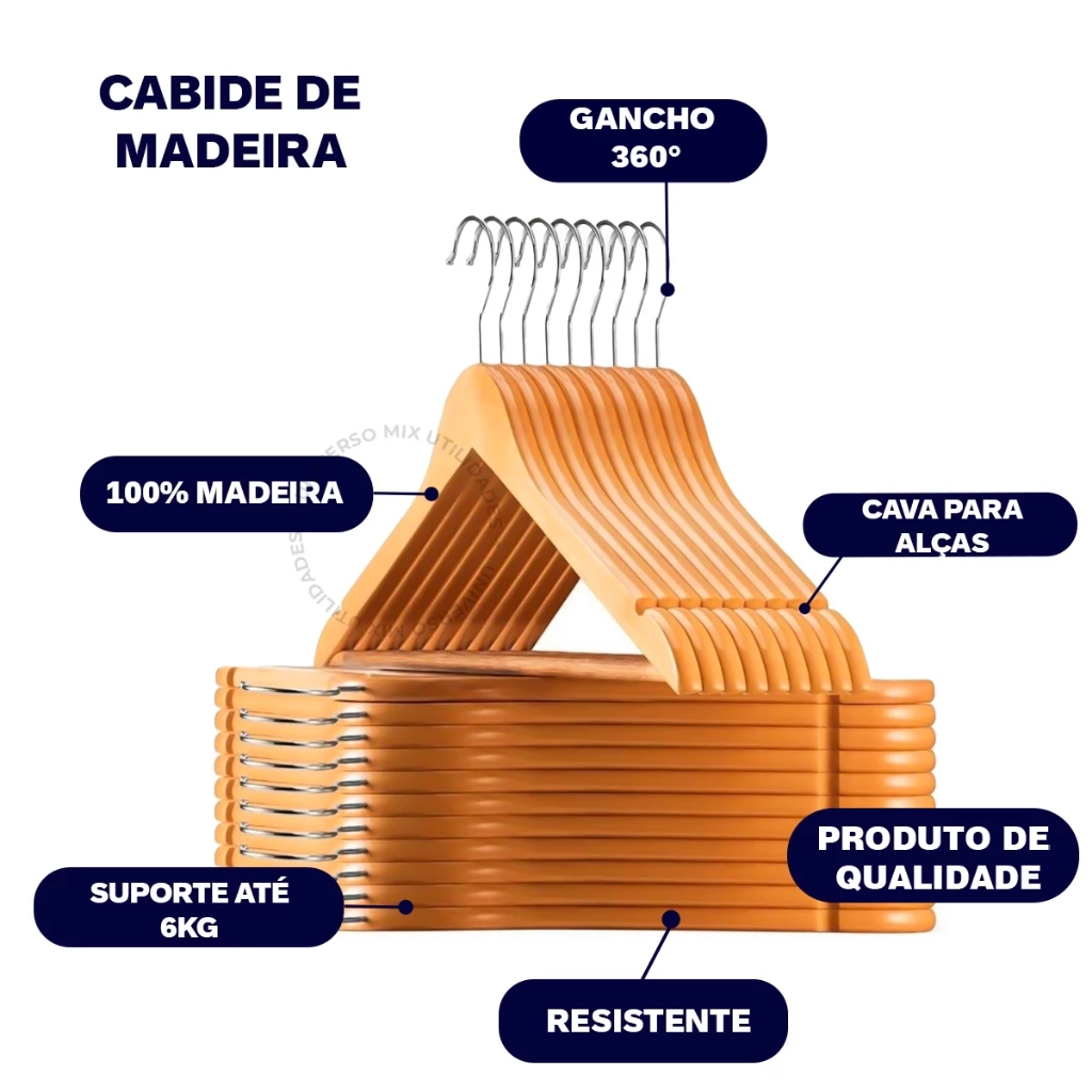 Kit 30 Cabides De Madeira Premium Marfim Para Roupas Calça Gancho Cromado