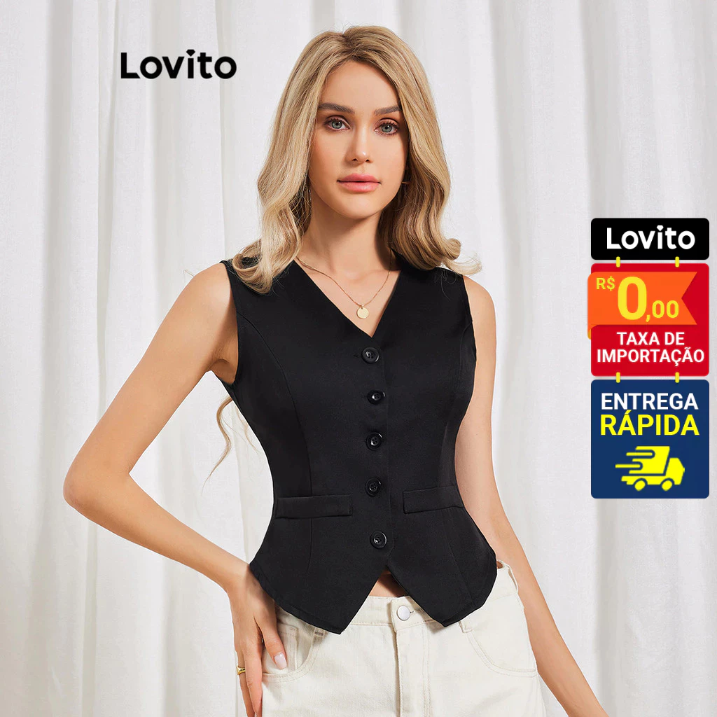 Lovito Colete Decote V com Botões na Vista Sem Manga Silhueta afinada Basica Feminina LBL06069