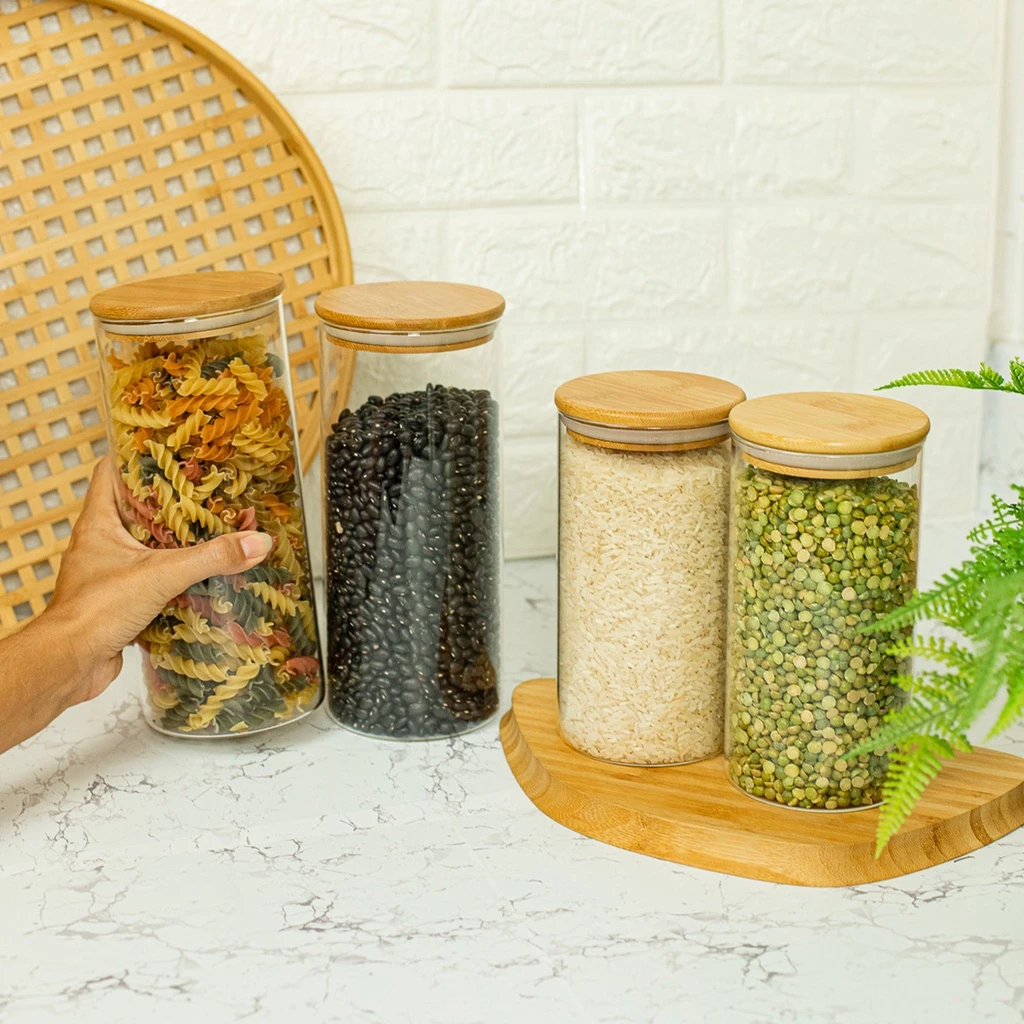Kit de 4 Potes de Vidro Herméticos Tampa de Bambu - OIKOS