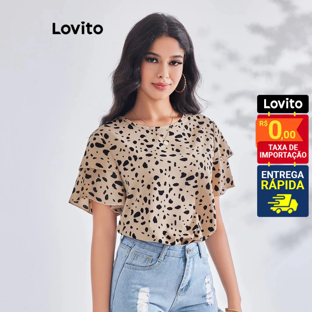 Lovito Blusa de Onça com Camadas Duplas na Manga Blusa Feminina LBE03008