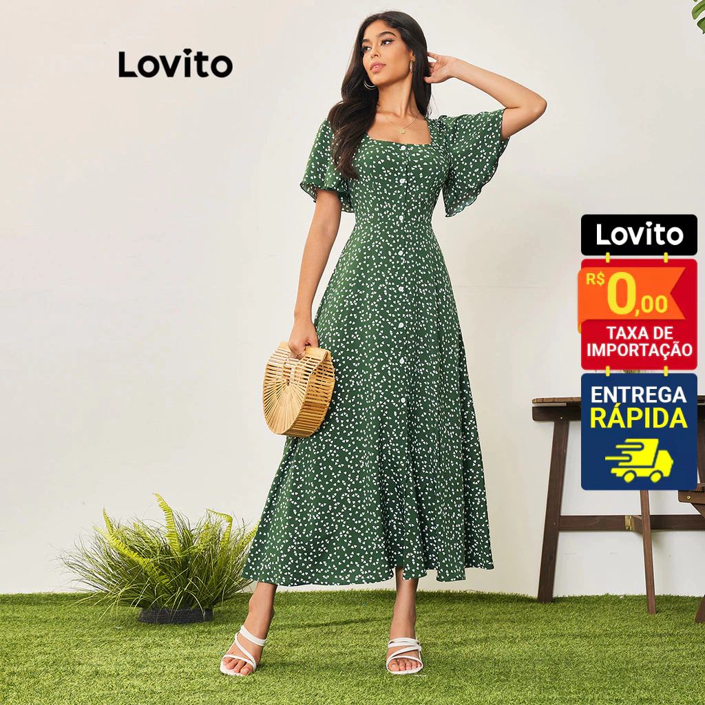Lovito Vestido Feminino Midi Estampado Botões Frente LBA05180