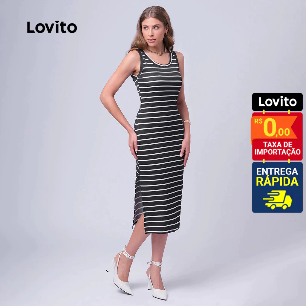 Lovito Vestido Listrado Midi sem Manga Feminino B1BRL012