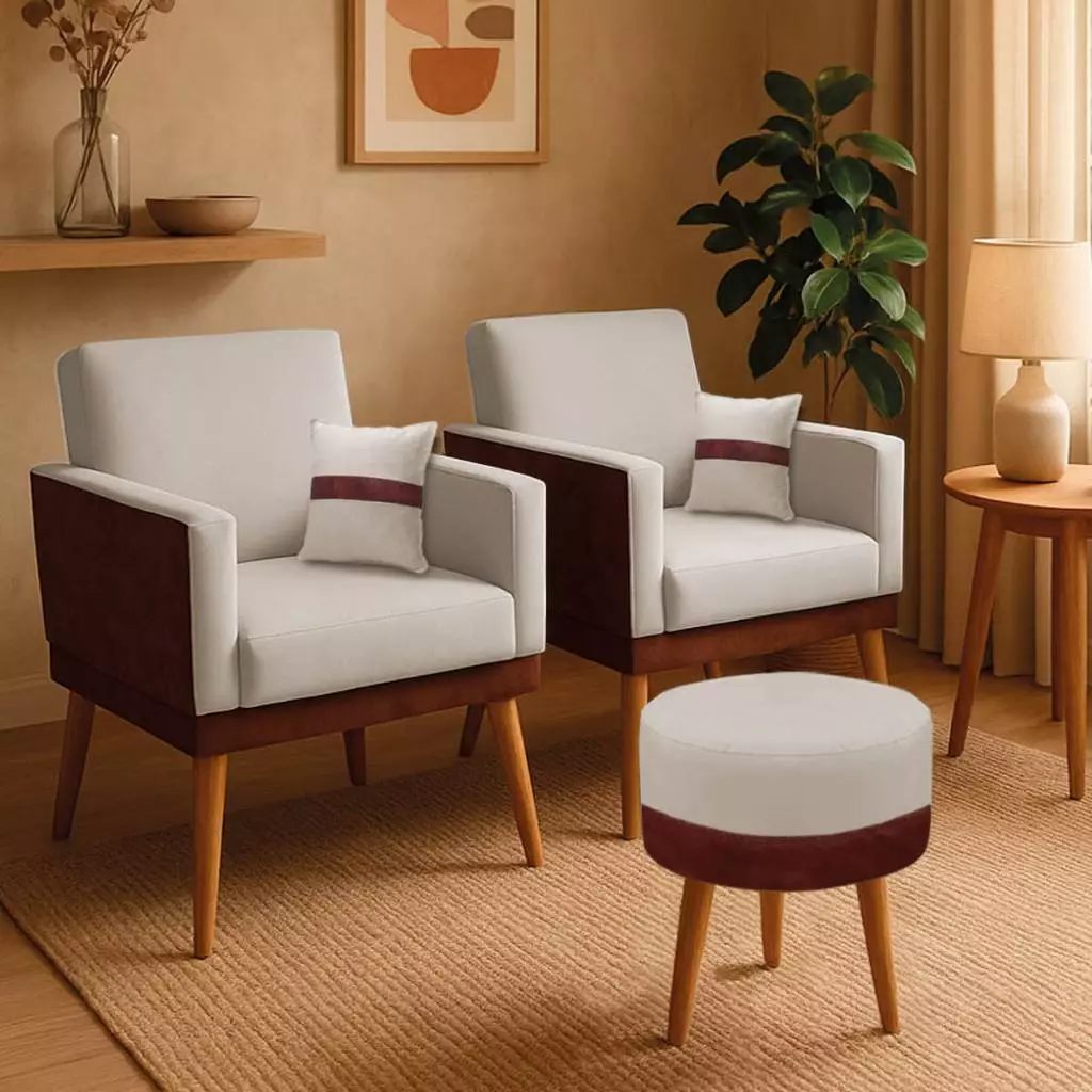 Kit 02 Poltronas para Sala Decorativa Lis com Almofada e Puff Redondo Corino Peroba e Suede