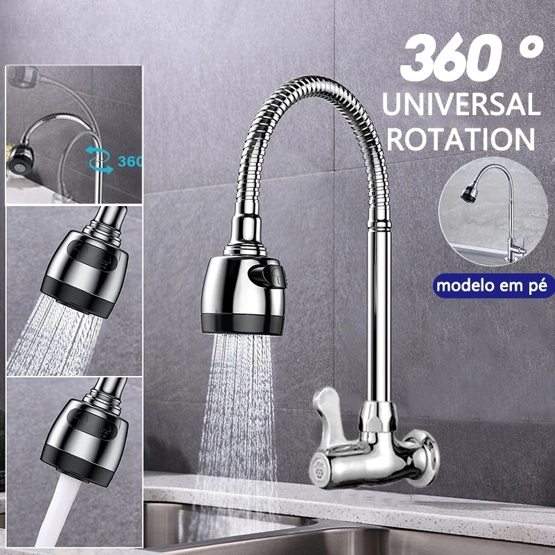 Torneira Inox Prata Com Chuveiro Com Rotação De 360° Cozinha Luxo Parede Promoção